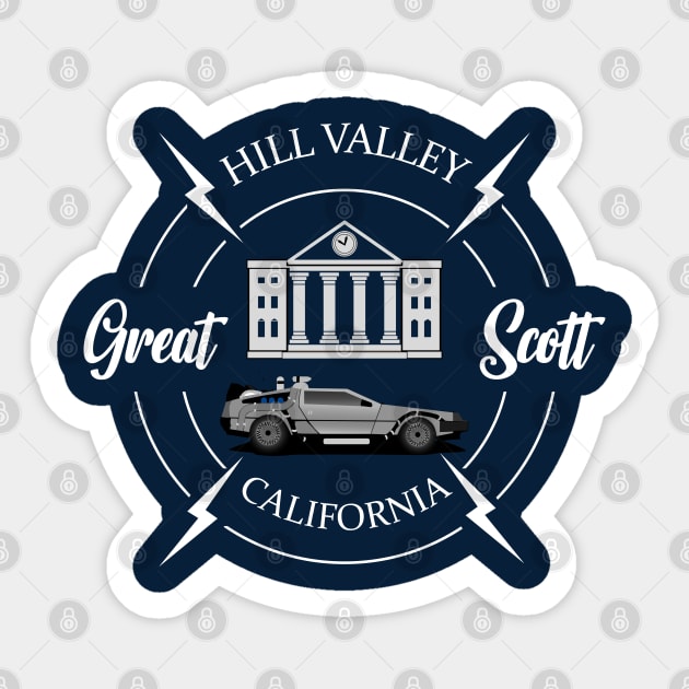 Great Scott, Hill Valley, California Sticker by Blended Designs